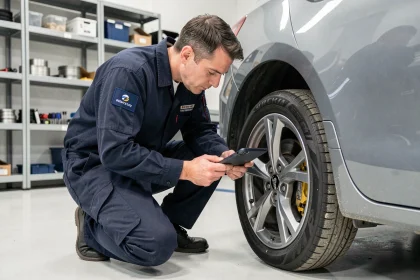 Technicien automobile inspectant le frein avant d'un véhicule lors d'un contrôle technique en garage professionnel en 2024