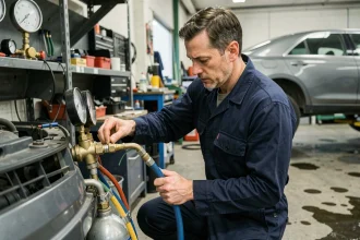 Technicien automobile rechargeant le circuit de climatisation d'un véhicule avec un manifold de pression dans un atelier