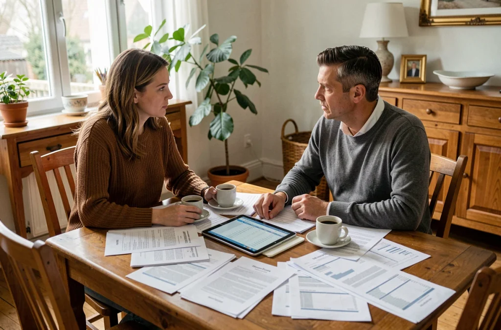 Couple discutant ensemble de leur budget domestique impacté par le télétravail autour d'une table avec des documents financiers