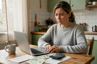 Femme en télétravail qui examine ses factures et son budget familial à la table de cuisine de son appartement