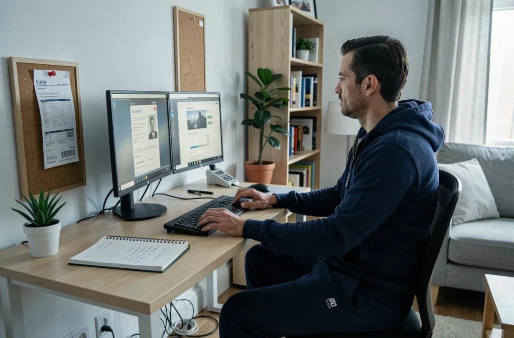 Homme en télétravail dans un coin bureau de son salon avec des factures affichées et un ordinateur portable