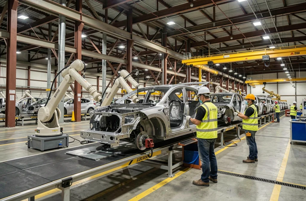 Chaîne de montage d'une usine de fabrication de véhicules électriques avec robots et techniciens humains, illustrant la transformation industrielle du secteur automobile