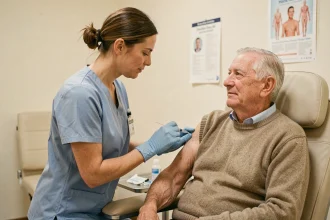 Infirmière administrant un vaccin antigrippal à un patient âgé dans un cabinet médical