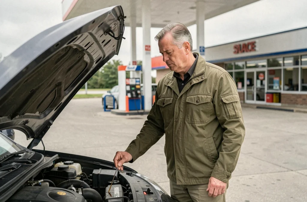 Homme vérifiant le niveau d'huile moteur à la station-service pour optimiser la consommation de carburant