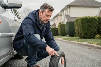 Homme vérifiant la pression des pneus avant un long trajet en voiture dans une allée résidentielle
