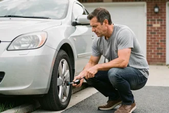 Homme vérifiant la pression des pneus de sa voiture pour réduire la consommation de carburant