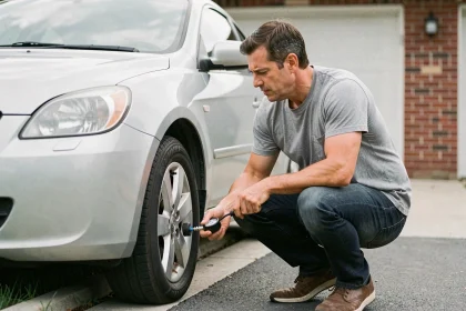 Homme vérifiant la pression des pneus de sa voiture pour réduire la consommation de carburant