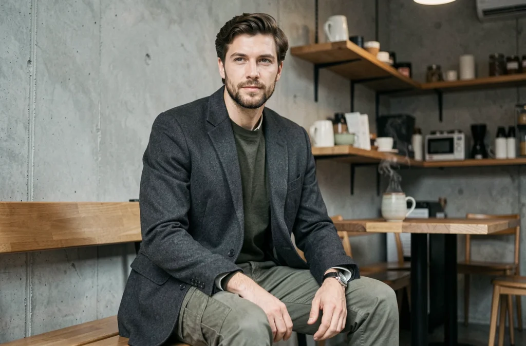 Homme en veste oversize charbon assis dans un café minimaliste, look urbain décontracté automne-hiver