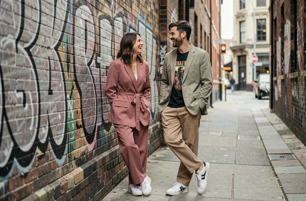 Deux amis arborant des vestes oversize dans une ruelle urbaine, tendance mode décontractée de saison