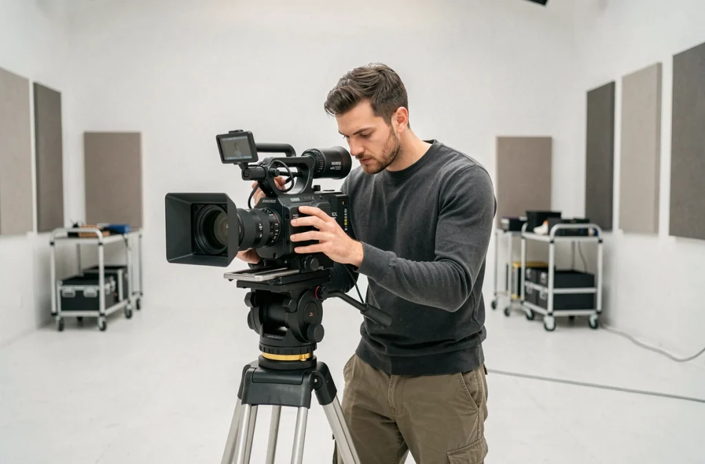 Vidéaste professionnel réglant une caméra cinéma dans un studio de captation audiovisuelle moderne