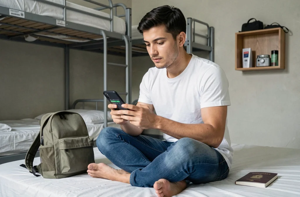 Jeune voyageur consultant une application de budget voyage sur son téléphone dans un auberge de jeunesse