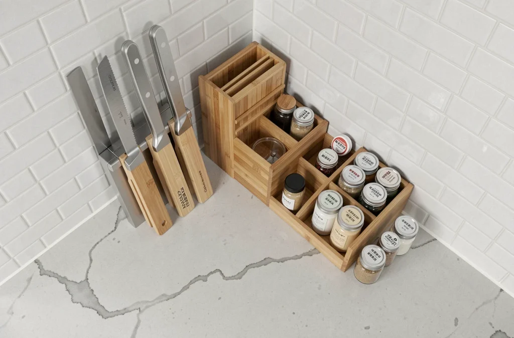 Vue de dessus d'un plan de travail de cuisine optimisé avec rangements verticaux, épices étiquetées et organiseurs empilables