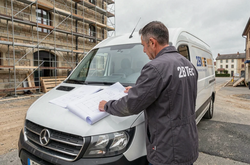 Technicien 2B Tec consultant des plans techniques devant un chantier à Clermont-Ferrand