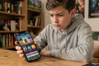 Adolescent utilisant un smartphone pour entrer un code promotionnel dans le store Supercell de Brawl Stars
