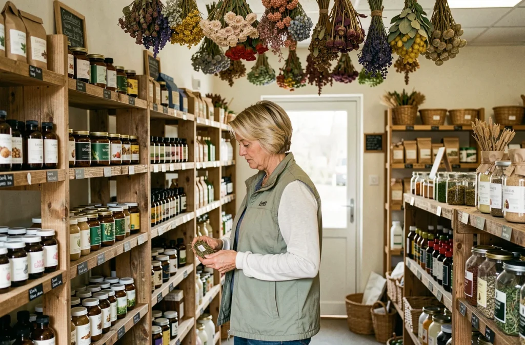 Cliente explorant les produits bio et bien-être dans la boutique Au Marché de Léopold en Nouvelle-Aquitaine