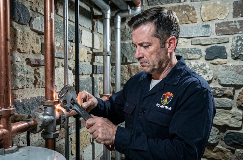 Technicien d'Auvergne Technique Plomberie installant une chaudière dans un sous-sol en pierre