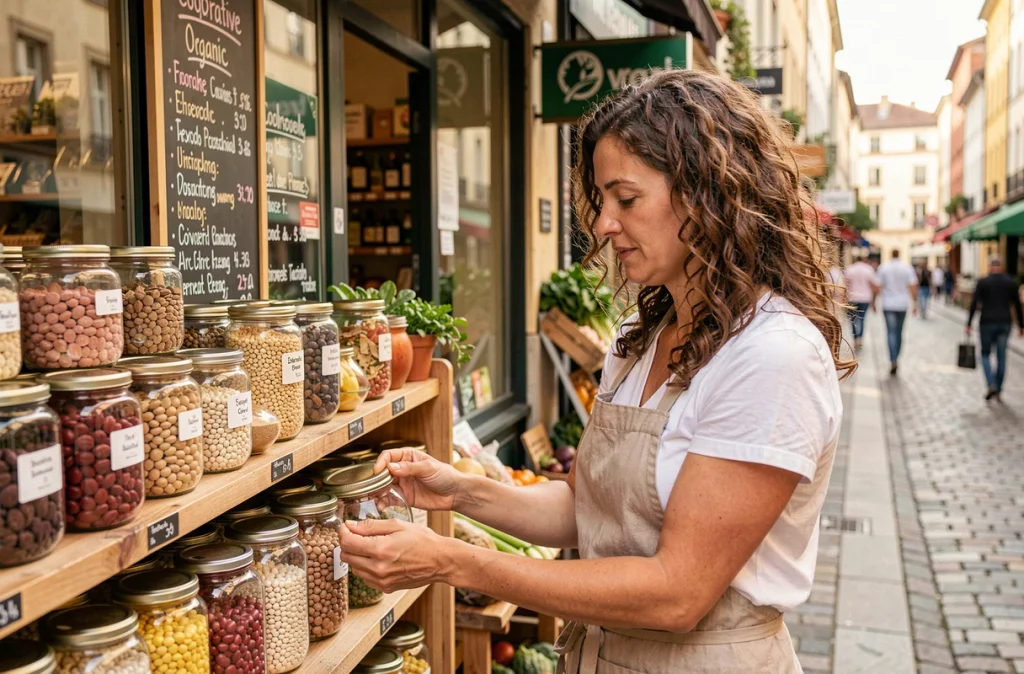 Employée d'une Biocoop à Bordeaux disposant des produits biologiques en vrac sur une étagère en bois