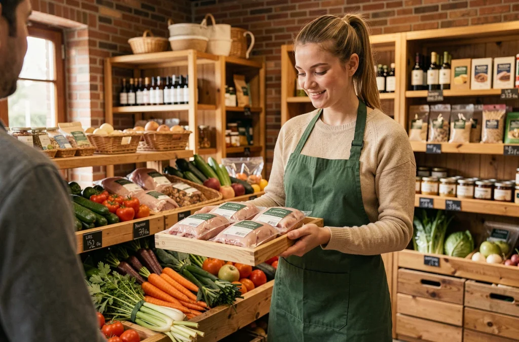 Vendeuse présentant des produits locaux des Landes dans le magasin bio Biomonde d'Aire-sur-l'Adour