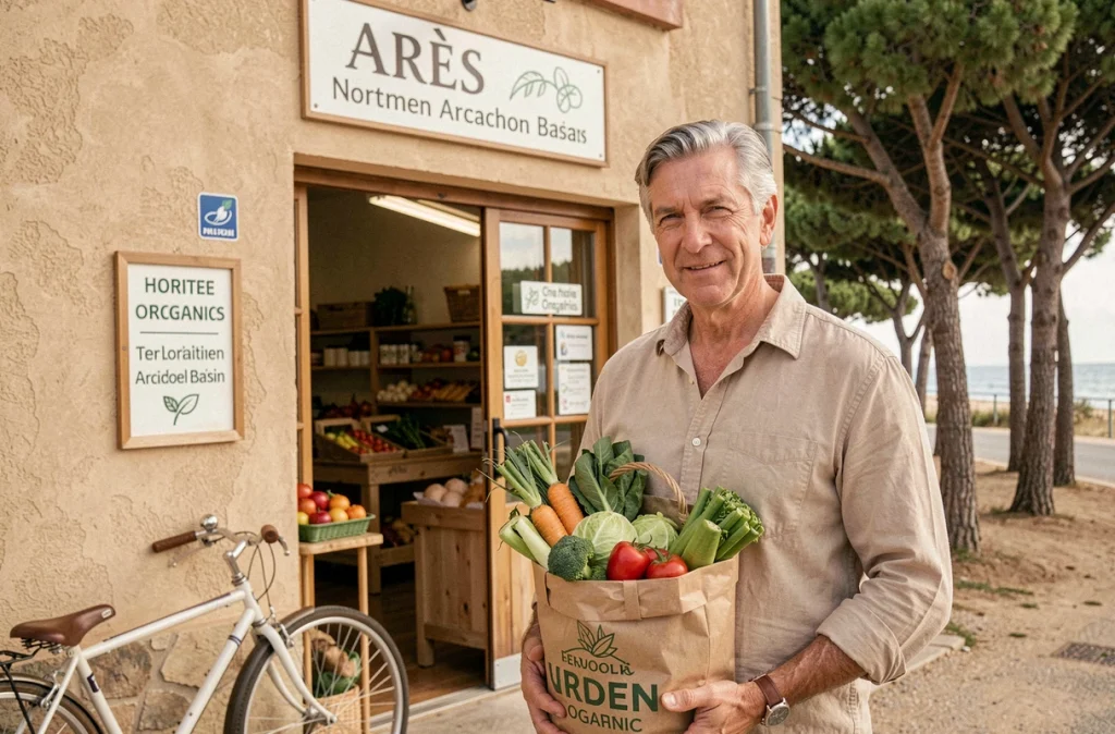 Client avec un sac de produits bio devant le magasin Biomonde d'Arès au nord du bassin d'Arcachon