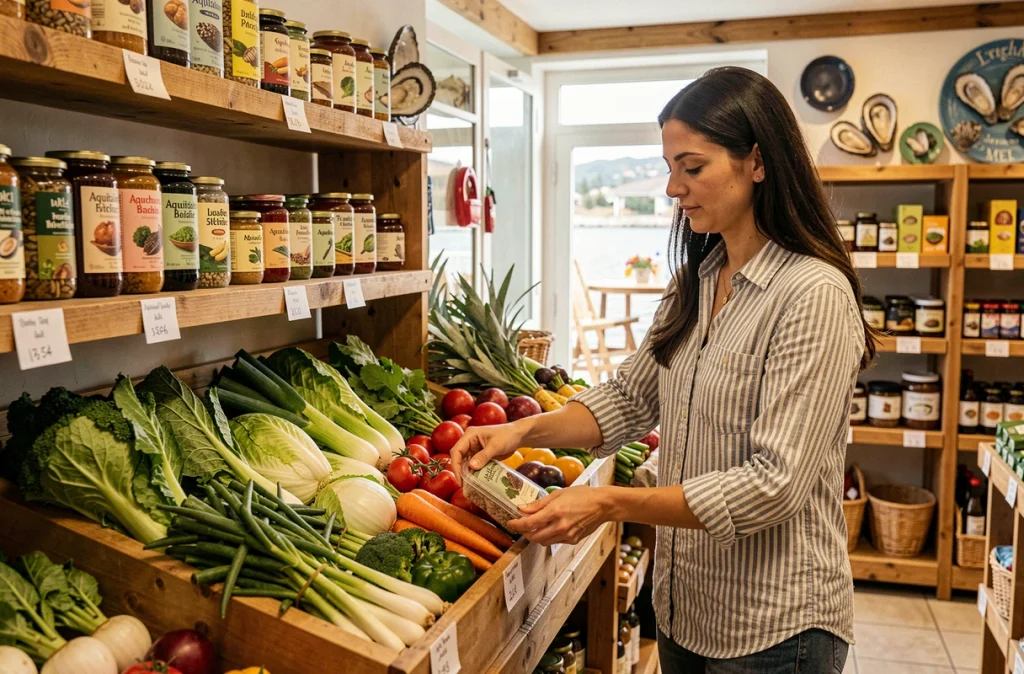 Cliente choisissant des légumes biologiques frais dans le magasin Biomonde de Gujan-Mestras près du bassin d'Arcachon