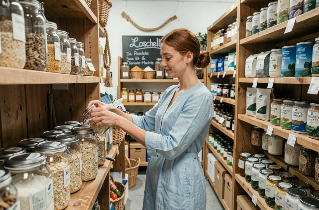 Cliente remplissant un bocal en verre en vrac dans le magasin bio Biomonde de La Rochelle en Charente-Maritime