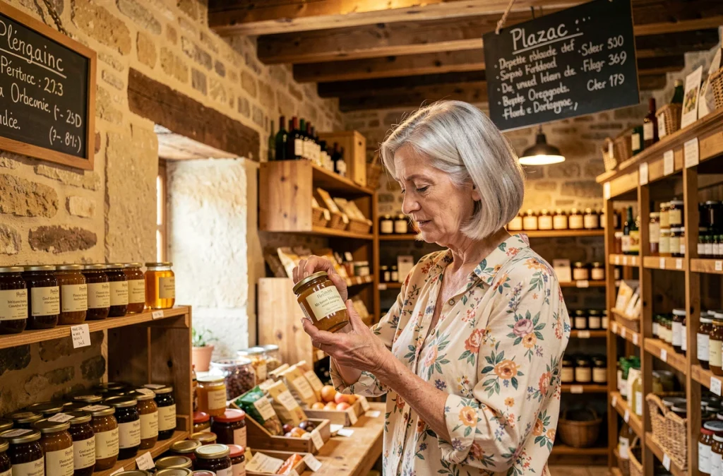 Cliente lisant l'étiquette d'un pot de miel local dans l'épicerie bio Biomonde de Plazac en Dordogne