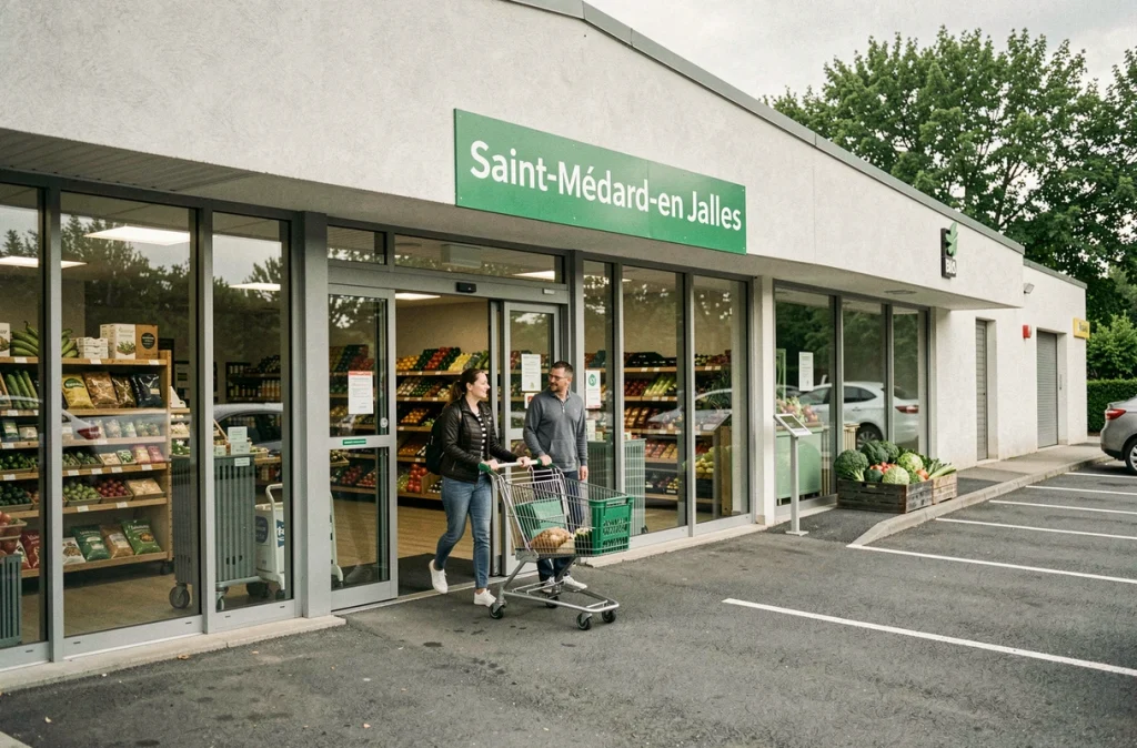 Couple entrant dans le magasin bio Biomonde de Saint-Médard-en-Jalles avec un caddie réutilisable