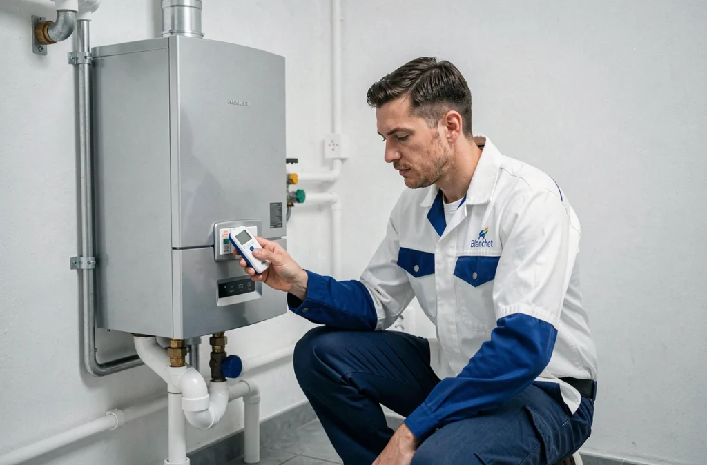 Technicien Blanchet Plomberie Chauffage réglant une chaudière à condensation moderne
