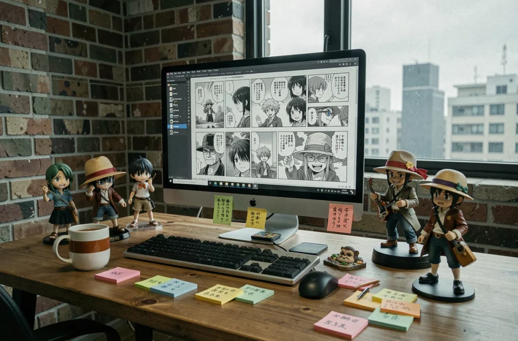 Bureau de fan de One Piece avec figurines et écran affichant un chapitre de manga, décor urbain réaliste