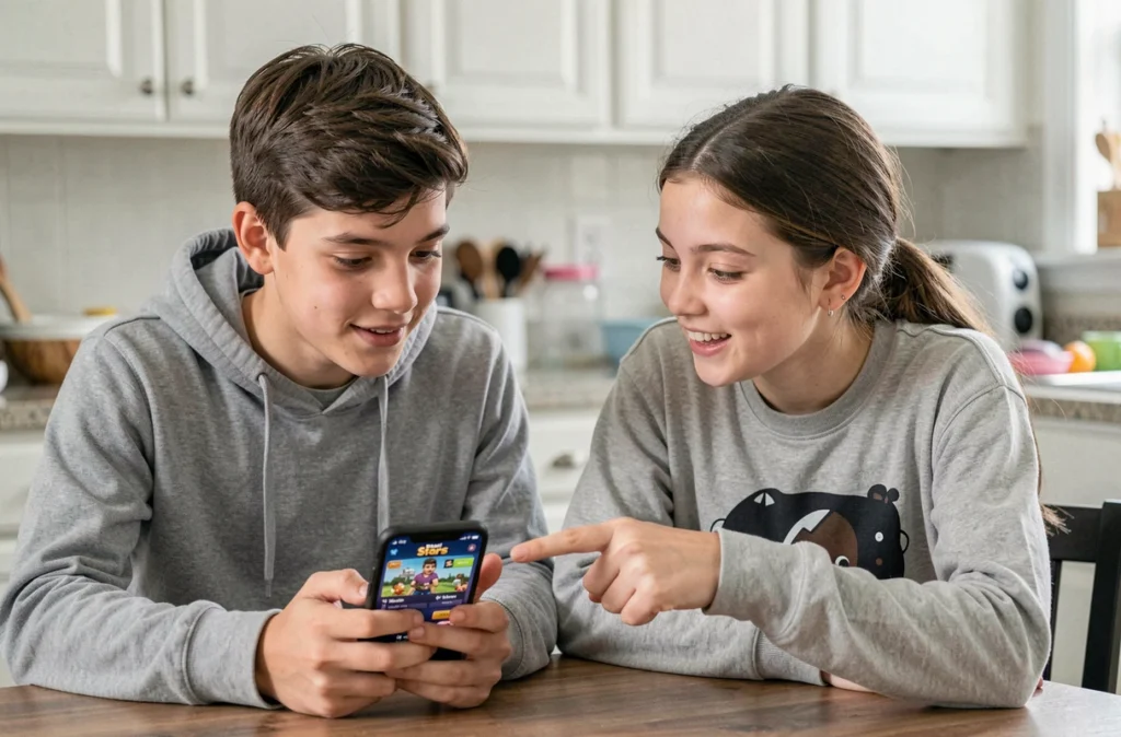 Deux adolescents consultant ensemble le Supercell Store pour éviter les erreurs lors de l'utilisation d'un code Brawl Stars