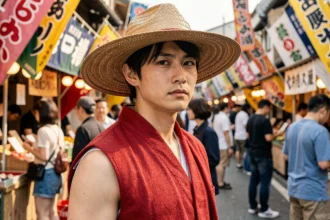 Cosplayer en tenue de Luffy portant un chapeau de paille dans une rue japonaise animée, illustrant l'univers de One Piece chapitre 1149