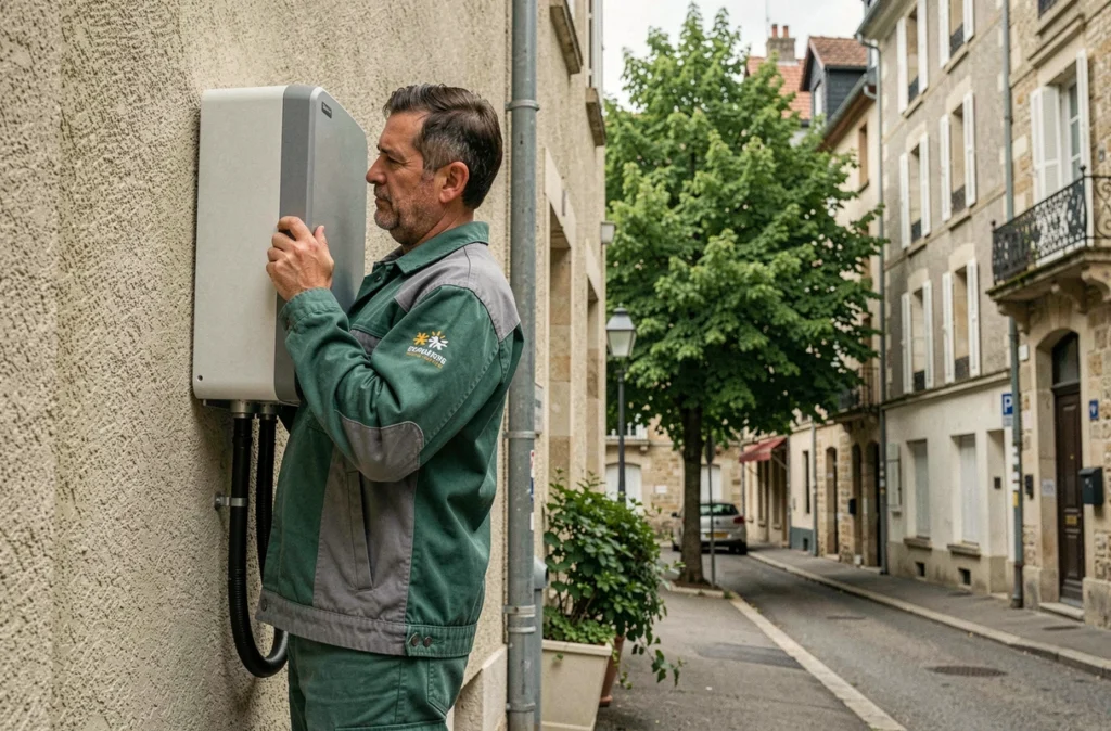 Technicien Gooze Energies installant une pompe à chaleur sur un immeuble résidentiel
