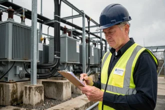 Ingénieur électrique consultant un tableau de conversion mégawatt en kW devant un poste électrique industriel