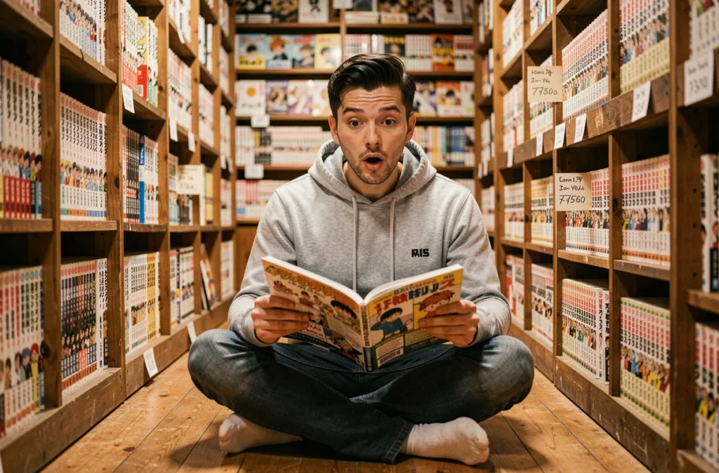 Lecteur de manga découvrant un chapitre de One Piece dans une librairie spécialisée, ambiance authentique et réaliste