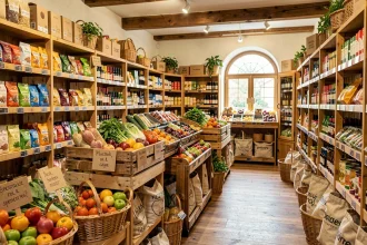 Intérieur d'un magasin bio en Nouvelle-Aquitaine avec des rayons en bois et des produits biologiques colorés