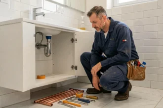 Plombier professionnel au travail dans une salle de bain moderne à Clermont-Ferrand