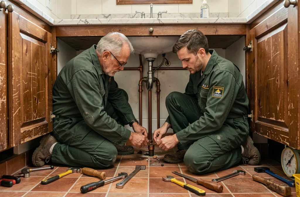 L'équipe Pingeon et Fils, père et fils plombiers travaillant ensemble sur une installation