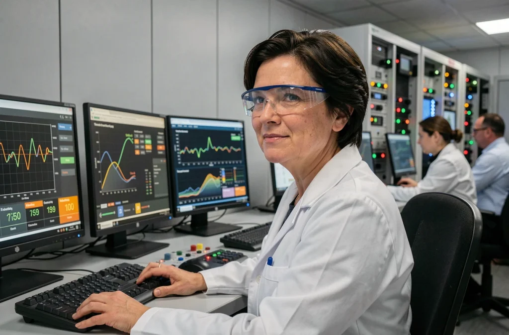 Technicienne analysant des données de conversion d'unités électriques en salle de contrôle de réseau électrique
