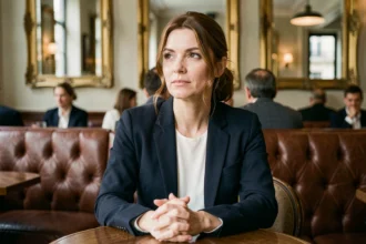 Portrait d'une actrice française élégante dans un café parisien classique, illustrant une biographie artistique