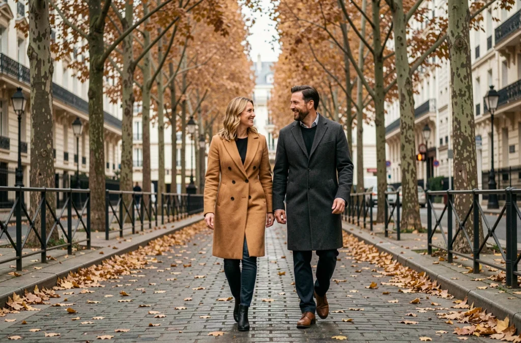 Couple élégant se promenant sur un boulevard parisien en automne, évoquant la vie sentimentale d'une personnalité artistique