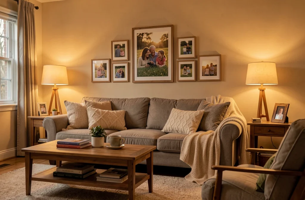 Salon d'une maison familiale américaine avec un canapé et des photos de famille